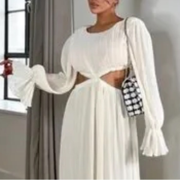 ZARA Cream Crinkly Midriff Cut Out Midi Dress M NWT - Picture 4 of 16